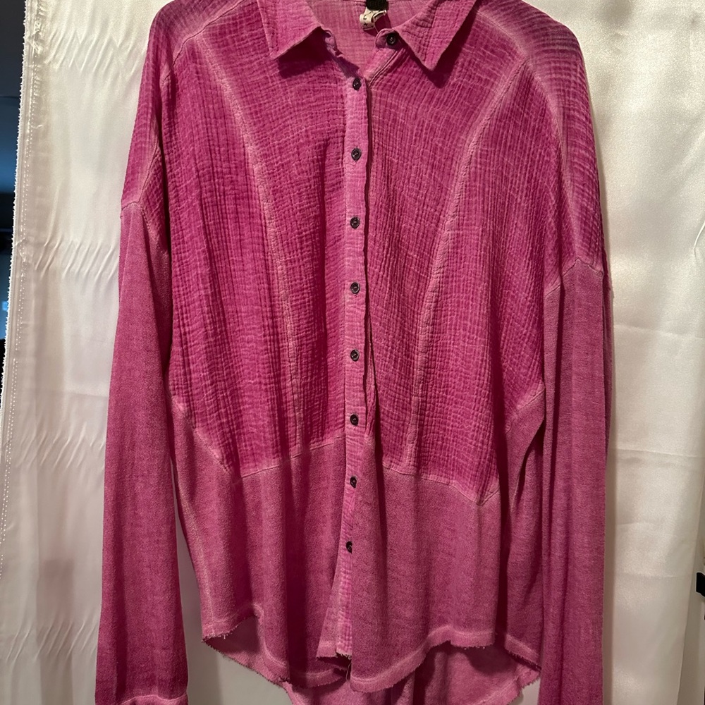 Free People Pink Button Down Shirt with Notched Collar and Cuffed Sleeves